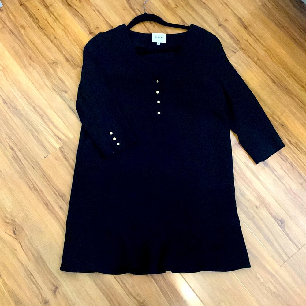Elegant Sezane black v-neck dress with flare bottom and gold buttons